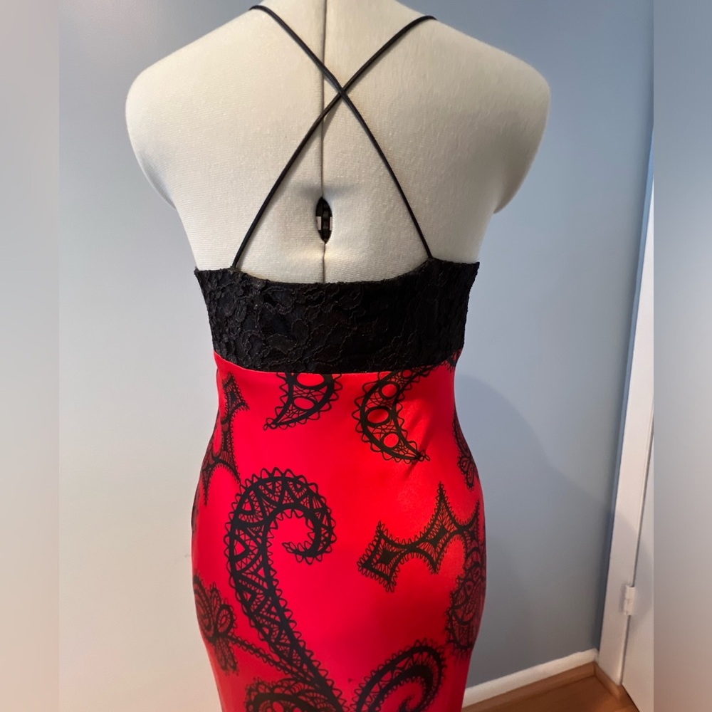 Mary.L Couture Red & Black Silk Lace Maxi Dress Size 8 - Picture 5 of 16